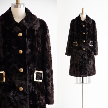 brown faux fur coat 60s 70s vintage Penncraft dark brown vegan fur glam buckled winter coat 