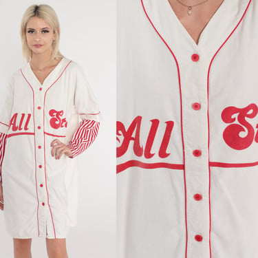 Baseball Tshirt Dress 90s All Stars Pajama Dress Vintage Number 44 White Red Striped T Shirt Dress Long sleeve 1990s Slogan Oversize Medium 