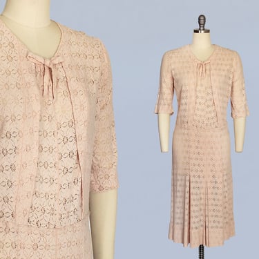 1930s Dress / 30s Spiderweb Lace Dress / Bow Neck / Peach Lace 