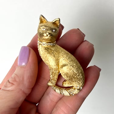 Vintage Christian Dior Cat Brooch | Goldtone Kitty Pin | Textured Gold Design with Clear Crystal Stones 
