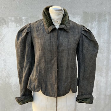 Antique Victorian Brown Wool Tweed Bodice Blouse Jacket Green Velvet  Vintage