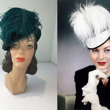 Attractions of Elegance - Vintage 1940s Dark Green Wool Felt Sculpted Topper/Tilt Hat w/Ostrich Plume 