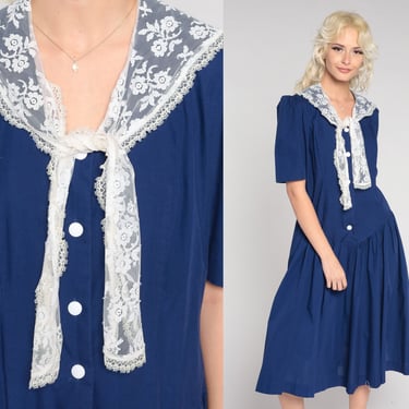 80s Sailor Collar Dress Blue Lace Nautical Midi Dress Button Up Vintage Shirtdress Drop Waist Short Puff Sleeve 1980s Medium Large 
