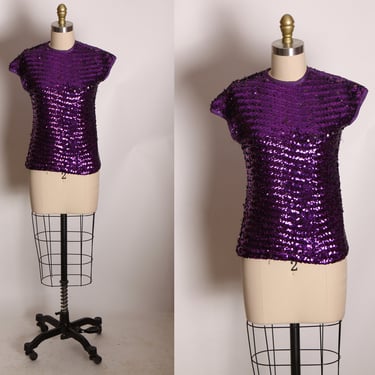 1960s Purple Sequin Short Sleeve Stretch Costume Blouse -S 