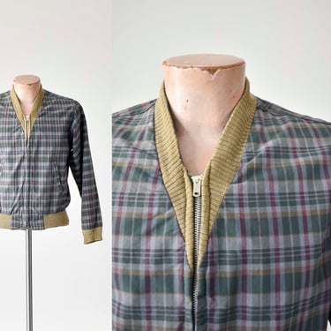 Vintage Peters Zip Up Plaid Jacket / 1960s Zip Up V Neck Jacket / Vintage Collegiate Sportswear / Vintage Green Plaid Jacket / Mod Jacket 