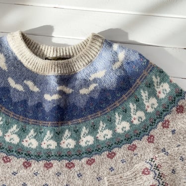 cute cottagecore sweater 80s 90s vintage Eddie Bauer Fair Isle bunny rabbit wool sweater 