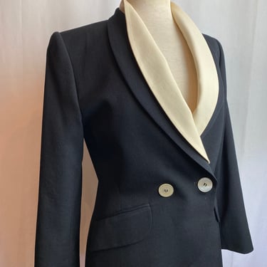 Beautiful vintage Christian Dior fitted blazer dress jacket~ feminine tuxedo style black & cream white wide lapel cinched waist Size SM/ 2-4 