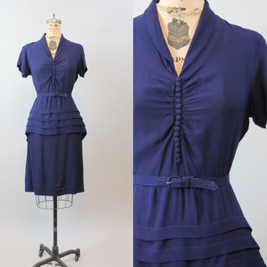 1940s NAVY rayon PEPLUM panel dress small | new winter 