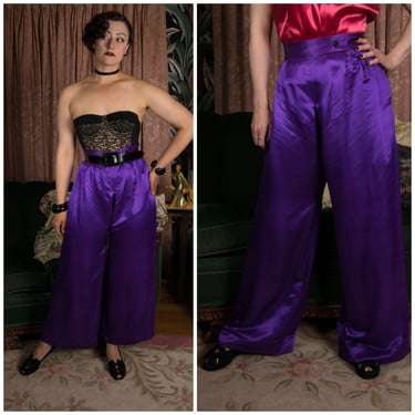 1940s Pants - Rare Glossy Satin Wide Leg Lounge Pants in Lush True Purple 