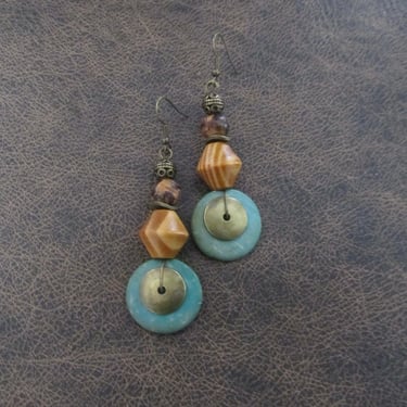 Bold wooden geometric Afrocentric earrings, blue 