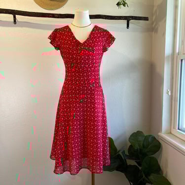 Vintage 90s Red Holiday Candy Swirl Print Short Sleeve Retro Dress Size Small 