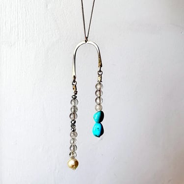 Sparkling Beaded Dangling Pendant in 14k Goldfill with turquoise pearls and San Diego rose quartz beads 