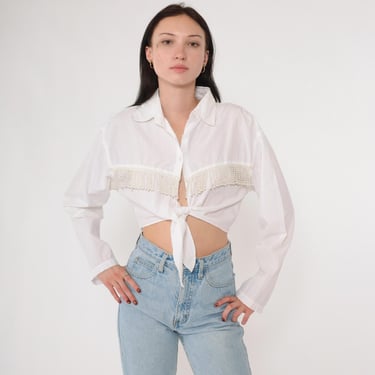 90s Fringe Crop Top White Pearl Beaded Western Blouse Sheer Button up Shirt Tie Front Long Sleeve Cowgirl Party Vintage 1990s Cotton Medium 