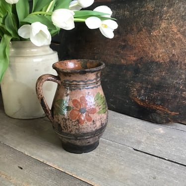 Antique Floral Pottery Jug, Small Floral Vase, Handpainted Glazed Pottery, Rustic Farmhouse, Farm Table 
