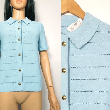 Vintage 60s Mod Pastel Blue Textured Knit Blouse With Gold Buttons Size M 