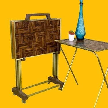 Vintage TV Tray Set Retro 1960s Mid Century Modern + 4 Folding Tables + Rolling Rack + Woodgrain Print + MCM Living Room + Dining Set + Eat 