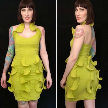 Avant Garde Vintage 90s Y2K Chartreuse Green Cotton Voluminous Structured Ruffle Body Con Party Dress w/ Stand Up Collar - size Small XS 