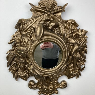 Vintage golden baroque style mirror, 1960s - gilded convex mirror - vintage butler mirror - vintage convex mirror - golden mirror 