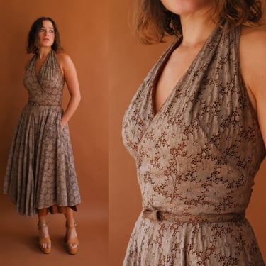 Vintage 50s Brown Lace Halter Dress with Belt/ 1950s Full Skirt Summer Dress/ Size XS Small 25 