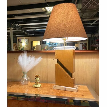 Vintage 1970s Post Modern Burl Wood Table Lamp with Gold Accent and Lucite Top and Base 