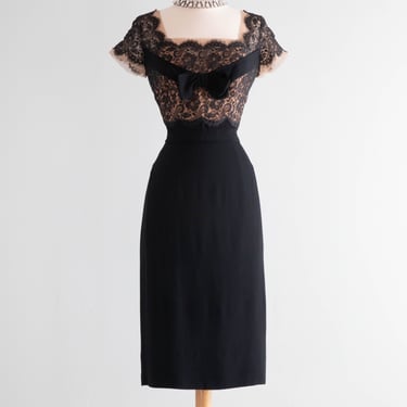 Exquisite 1950's Black Illusion Lace Cocktail Dress By Peggy Hunt / Medium