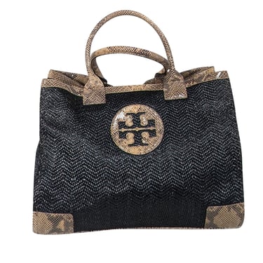 Tory Burch - Black Raffia Tote w/ Beige Snakeskin Embossed Leather Trim