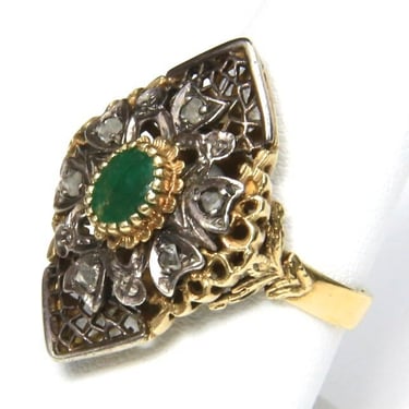 Amazing Antique Emerald Ring 14k White & Yellow Gold with Raw Diamonds Size 8.25 