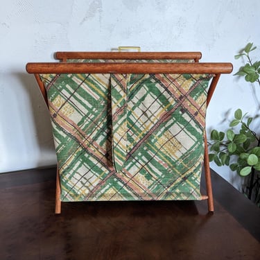 Vintage Folding Plaid Sewing Knitting Lined Basket or Magazine Rack 