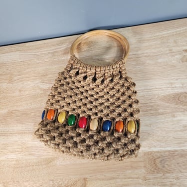 Vintage Macrame Bamboo Handbag Purse Carrying Bag 