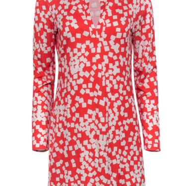 Diane von Furstenberg - Red & White Long Sleeve Printed Mini Dress Sz 10