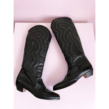 Vintage ‘80s Anne Klein lion logo boots | Italian black leather with white stitching western style boots, 7.5M fits 7N-M 