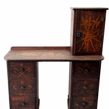 Rare Antique American Folk Pyrography Wood Desk, Found in Old Tennessee Farmhouse 
