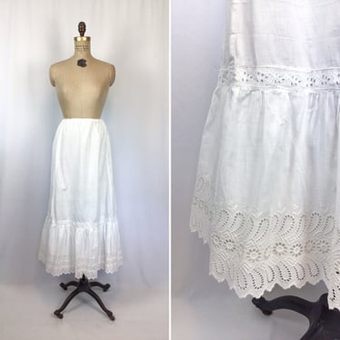 Vintage Edwardian Underskirt | Vintage white eyelet cotton half slip | 1910s drawstring waist petticoat skirt 