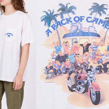 90s Camel Cigarettes "Pack Of Camels" Pocket T Shirt - Men's Medium, Women's Large | Vintage White Graphic Collectible Tee 