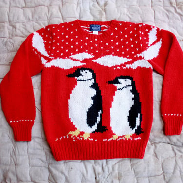 80s 90s Woolrich Novelty Penguin Red Wool Sweater Size L 