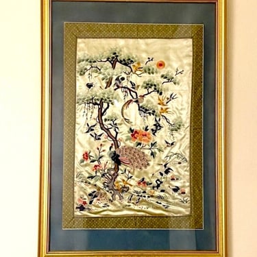 Large Framed Vintage Chinese Embroidered Silk Panel | Stunning! 39” X 26.5” Chinese Textiles 