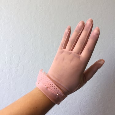 He Called To Say He'll Be Late - Vintage 1950s Sheer  Pink Nylon Cuffed Wristlet Gloves - 7.5 
