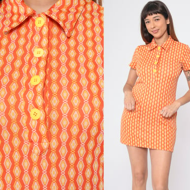 Orange Mini Dress Y2K Does 60s Mod Minidress Collared Shift Short Sleeve Button up Geometric Diamond Print Retro Vintage 00s Sugar Small S 