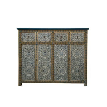 Blue Gold Silver Geometric Flower Pattern Side Table Credenza Cabinet cs7514E 