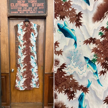 Vintage 1950’s Kamehameha Atomic Fish Cotton Tiki Hawaiian Dress, Shelf Bust, Circle Skirt, Halter, 1950’s Dress, Vintage Hawaiian Dress 