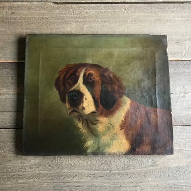 English Oil Painting, St Bernard Dog, Oil on Canvas, Signed, Unframed, Original Wood Stretcher 