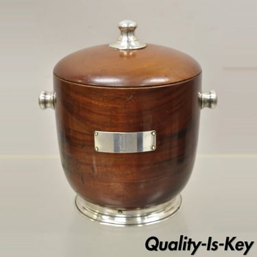Vintage Mid Century Modern Sterling Silver and Turned Carved Mahogany Ice Bucket