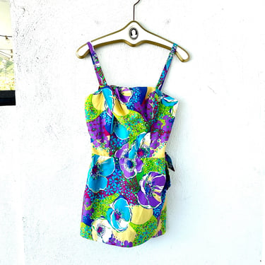 Vintage 60s 70s Psychedelic Hawaiian Romper Swimsuit Playsuit Hawaii Floral One Piece 