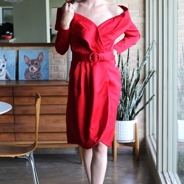 Red Cocktail Dress, Vintage 1980s Victor Costa Romantica, Small Women, Red Satin Wrap Dress 