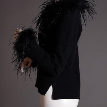 1980s Pierre Cardin soft knit angora blend black sweater with real feather trim at collar and cuffs 