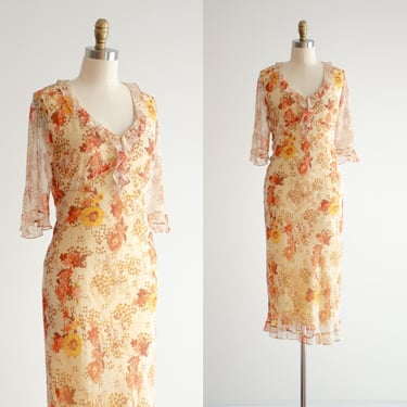 floral midi dress y2k vintage orange floral silk bias cut dress 