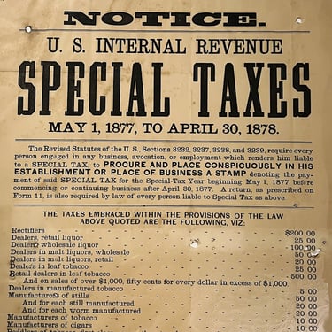 19th Century Liquor Tobacco Broadside Poster for Special Taxes - 1800s Antique Sin Posters - Rare Alcohol Historical Documents 