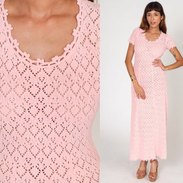 70s Crochet Dress Sheer Maxi Pink Dress Boho Knit Sweater Dress Festival Hippie Bohemian Dress Short Sleeve Scoop Neck Vintage Small S 