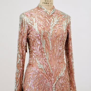 80s 90s Bob Mackie Vintage Pink Silver Beaded Sequin Gown Dress Pink Long Sleeve Sequin Gown Cher Sequin Dress XS SMALL Wedding 