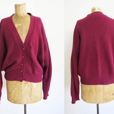 Vintage 90s Pink Cardigan M L - 1990s Dark Magenta Pink Slouchy Baggy Knit Cardigan - Angora Lambswool Solid Color Cardigan Sweater 